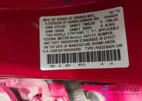 2016 Honda Civic Ex from USA, damaged, VIN 2HGFC2F76GH545290